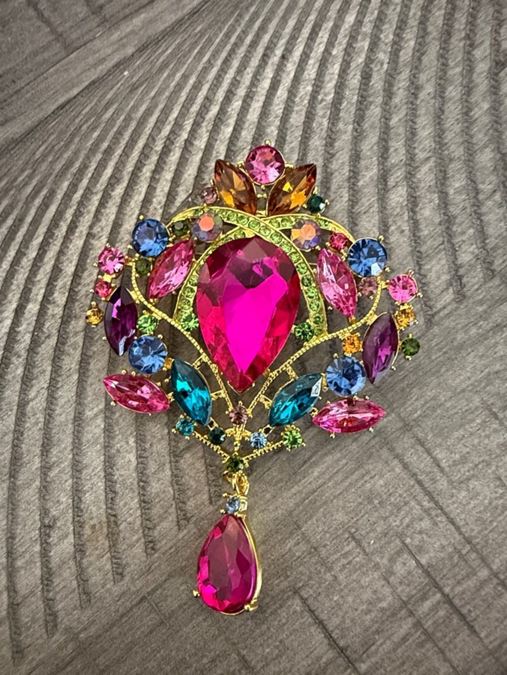 Multicolor Crystal Teardrop Statement Brooch - Pink Center